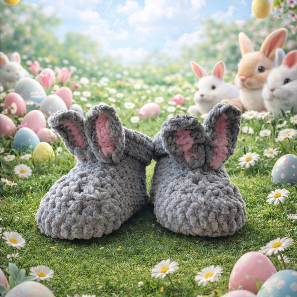Adorable Grey and Pink Bunny Ear Newborn Baby Booties